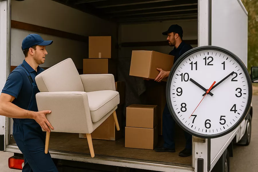 “Flyttfirma lastar möbler i flyttbil under tidspress – symboliserar sista minuten-flytt med fokus på snabb organisering, akut planering och effektiv flytthjälp”